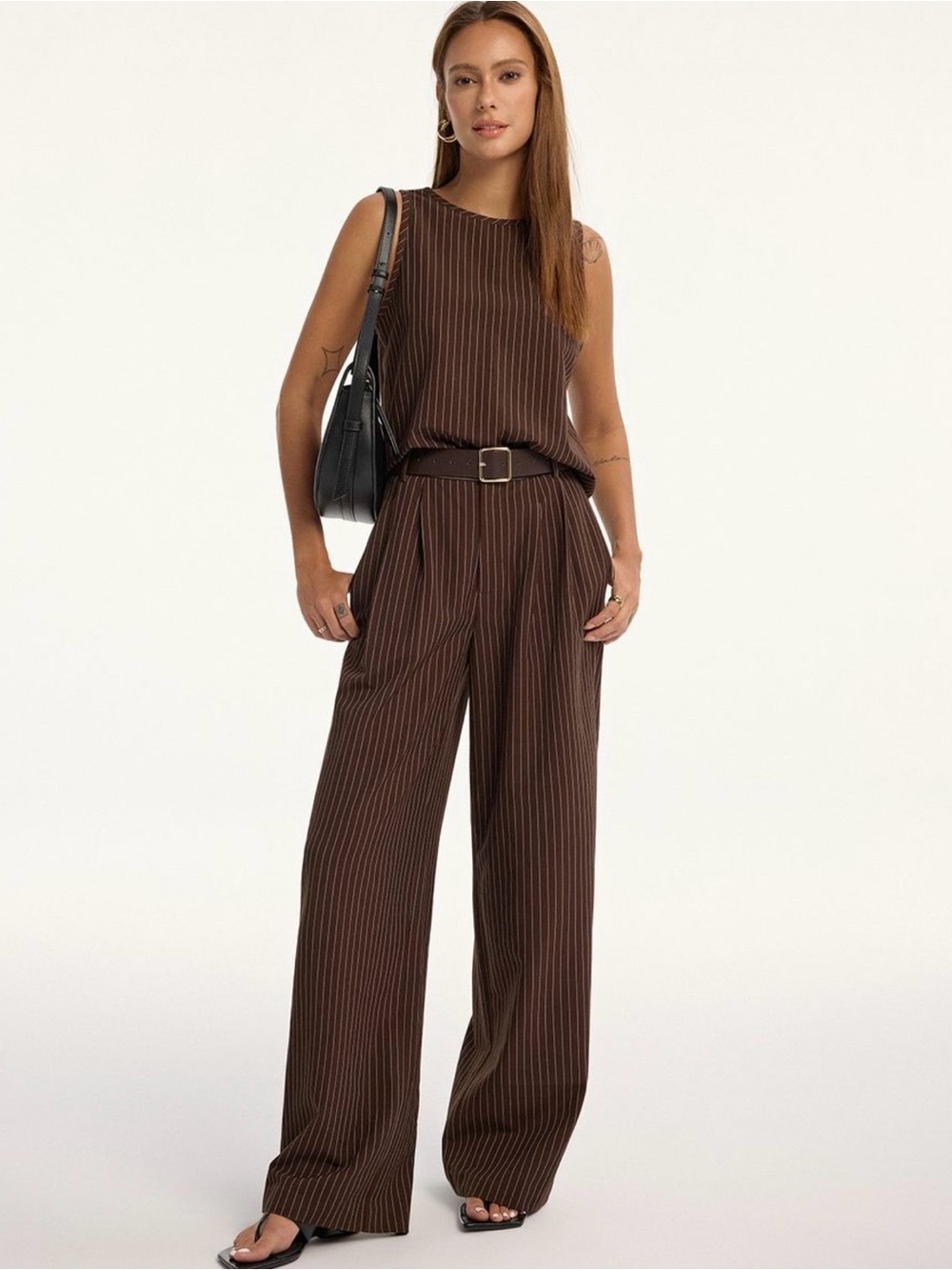 Commense Brown Pinstripe Wide-Leg Jumpsuit